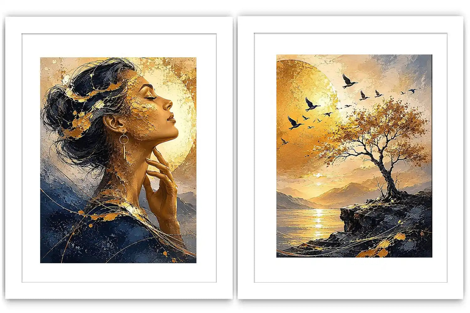 Elegant female portrait and sunset landscape diptych canvas art for luxury living room decor.