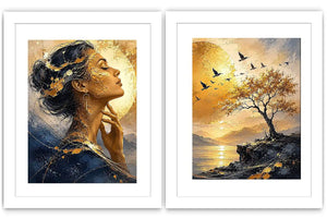 Elegant female portrait and sunset landscape diptych canvas art for luxury living room decor.