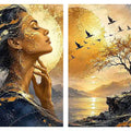 Elegant female portrait and sunset landscape diptych canvas art for luxury living room decor.