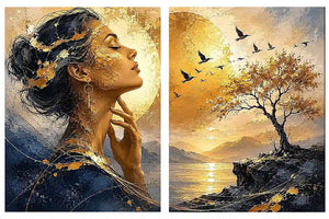 Elegant female portrait and sunset landscape diptych canvas art for luxury living room decor.