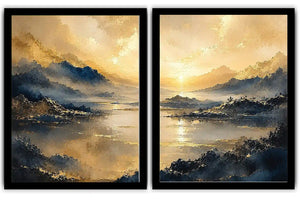 Golden mountain lake diptych canvas art for serene modern living room decor.