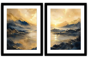 Golden mountain lake diptych canvas art for serene modern living room decor.