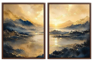Golden mountain lake diptych canvas art for serene modern living room decor.
