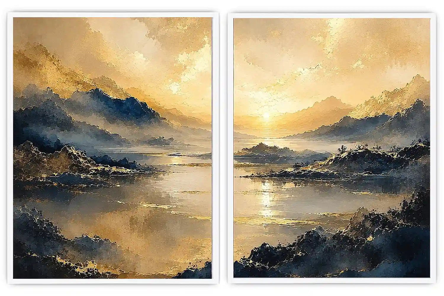Golden mountain lake diptych canvas art for serene modern living room decor.