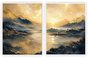 Golden mountain lake diptych canvas art for serene modern living room decor.