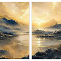 Golden mountain lake diptych canvas art for serene modern living room decor.