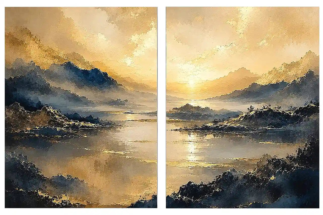 Golden mountain lake diptych canvas art for serene modern living room decor.