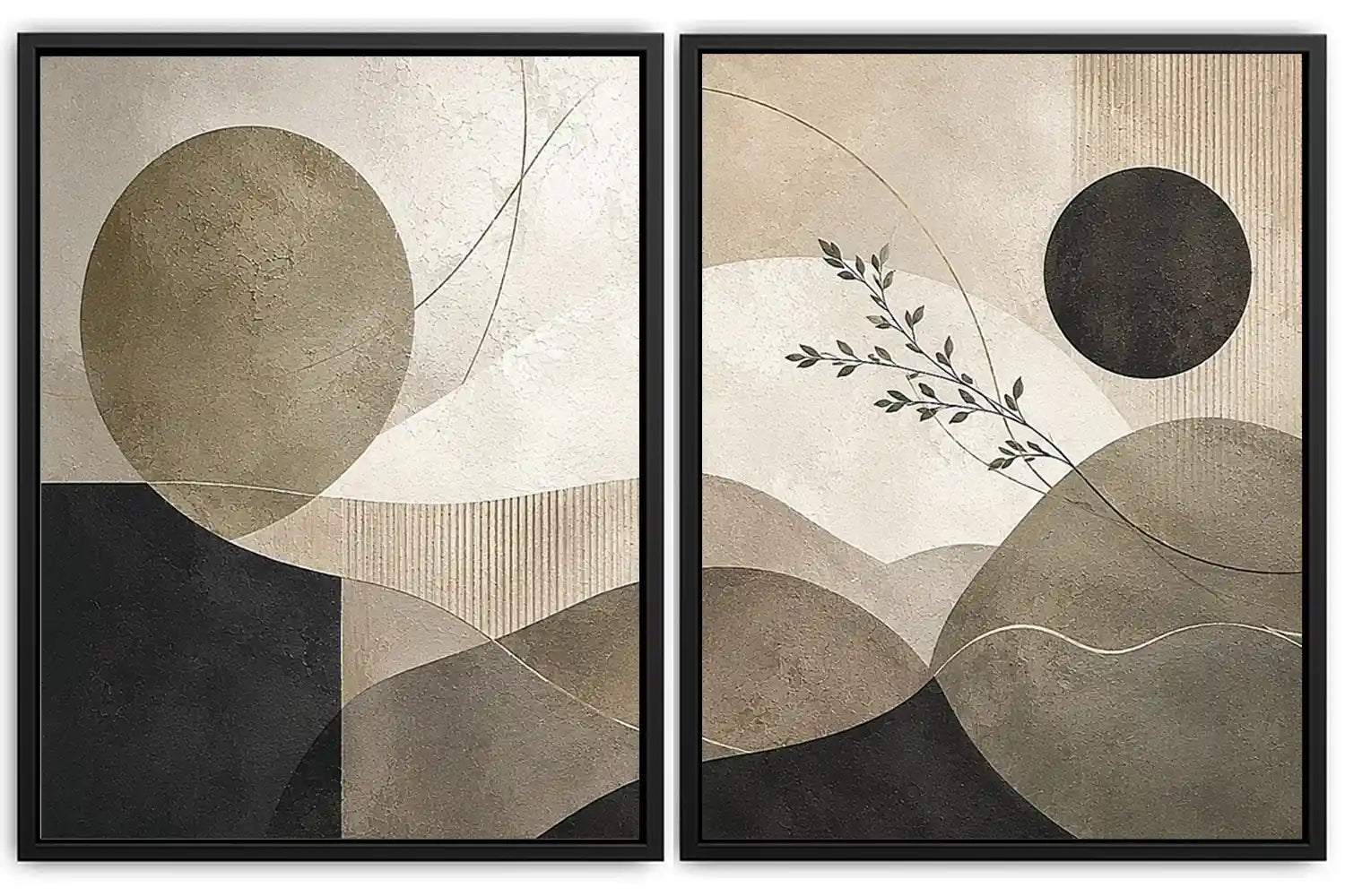 Neutral abstract geometric diptych canvas art with botanical branch for modern living room decor.