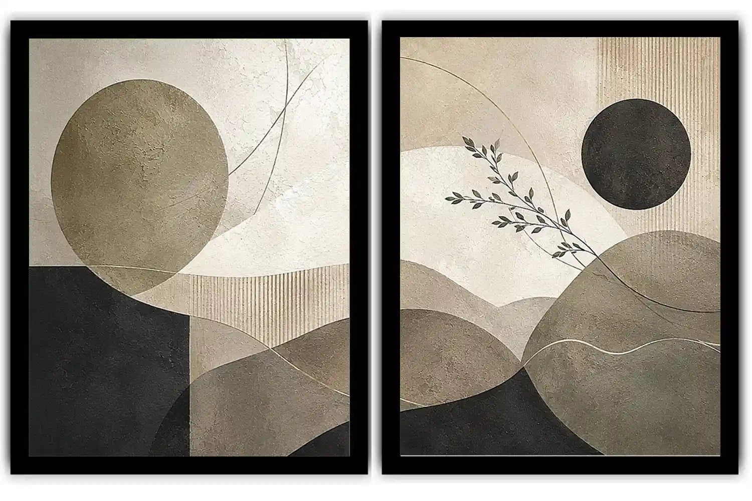 Neutral abstract geometric diptych canvas art with botanical branch for modern living room decor.