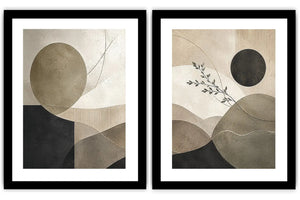 Neutral abstract geometric diptych canvas art with botanical branch for modern living room decor.