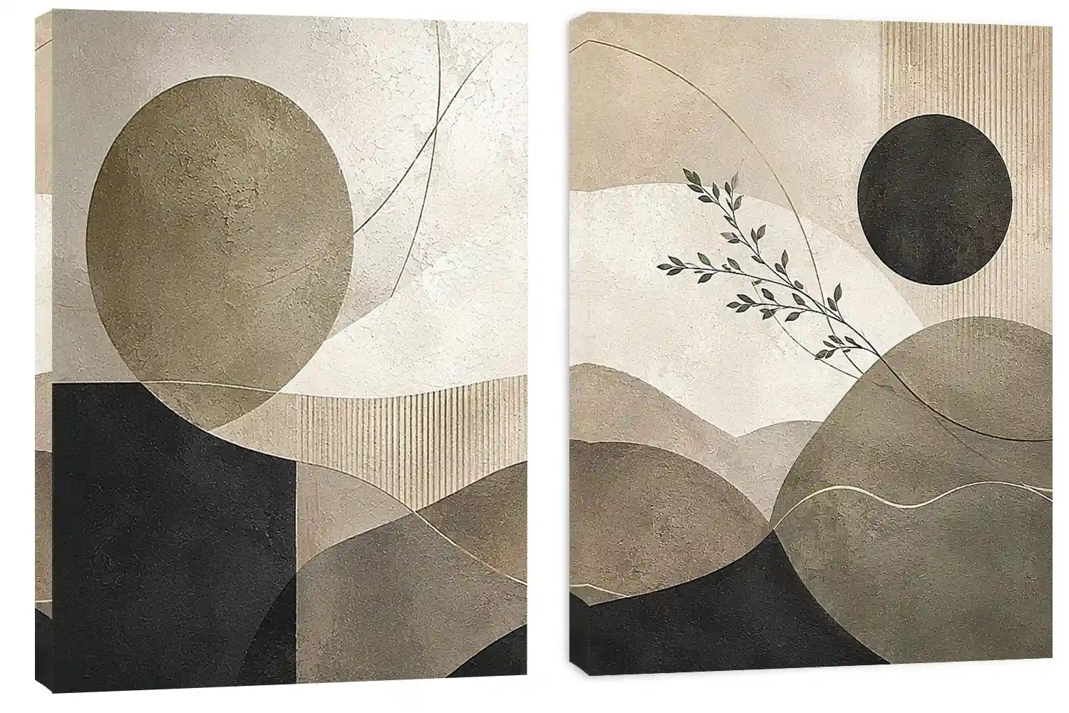 Neutral abstract geometric diptych canvas art with botanical branch for modern living room decor.