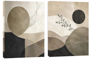 Neutral abstract geometric diptych canvas art with botanical branch for modern living room decor.
