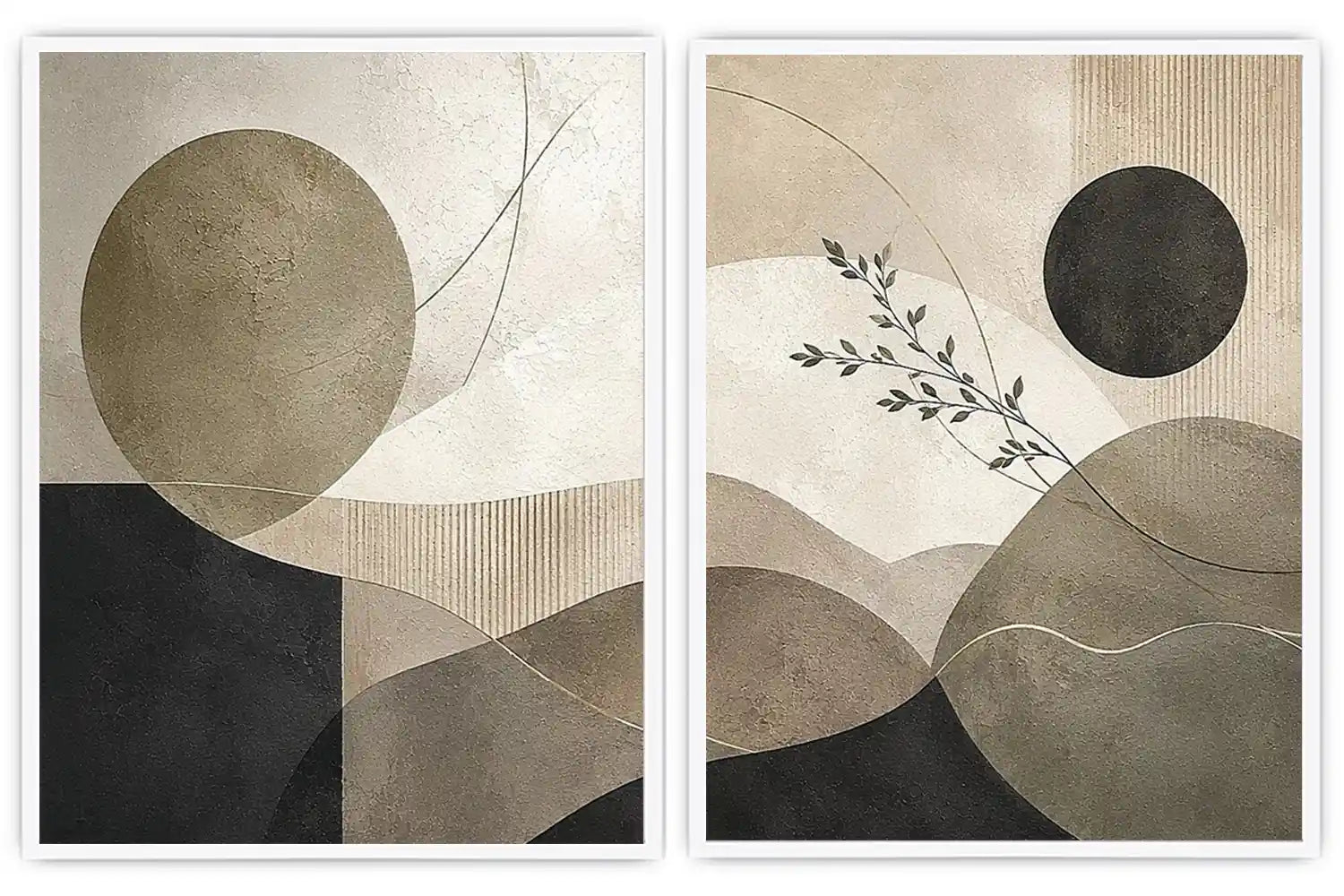 Neutral abstract geometric diptych canvas art with botanical branch for modern living room decor.
