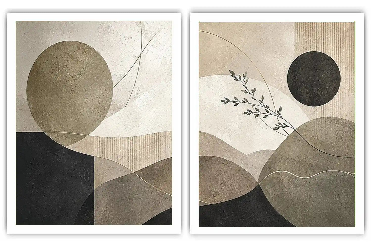 Neutral abstract geometric diptych canvas art with botanical branch for modern living room decor.