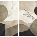 Neutral abstract geometric diptych canvas art with botanical branch for modern living room decor.
