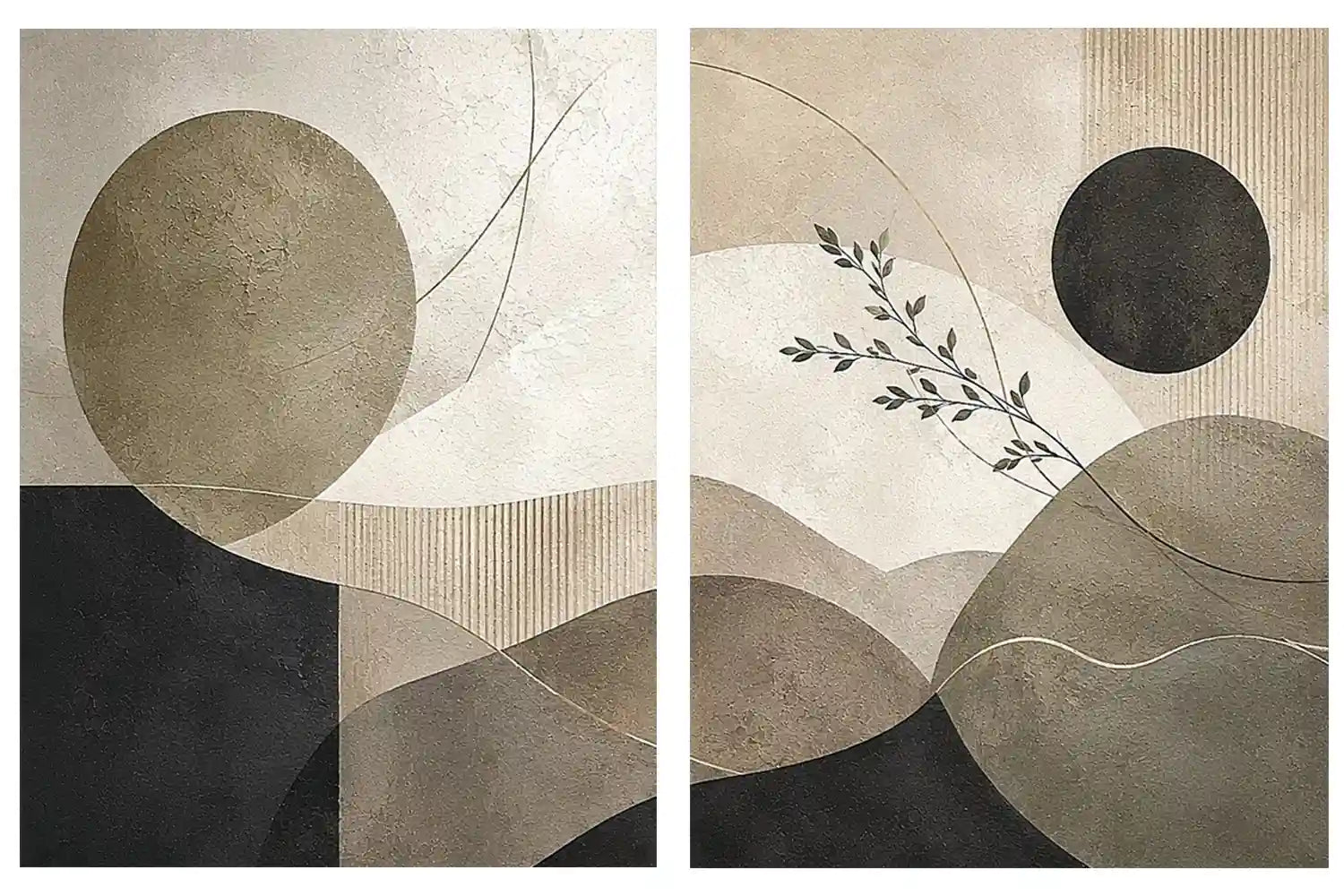 Neutral abstract geometric diptych canvas art with botanical branch for modern living room decor.