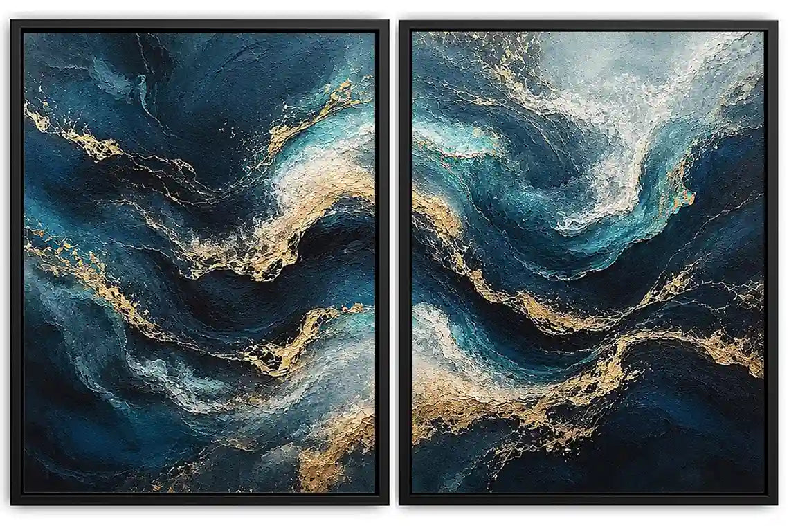 Abstract ocean wave diptych canvas art in navy, teal and gold for luxury living room decor.