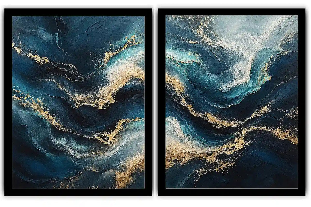 Abstract ocean wave diptych canvas art in navy, teal and gold for luxury living room decor.