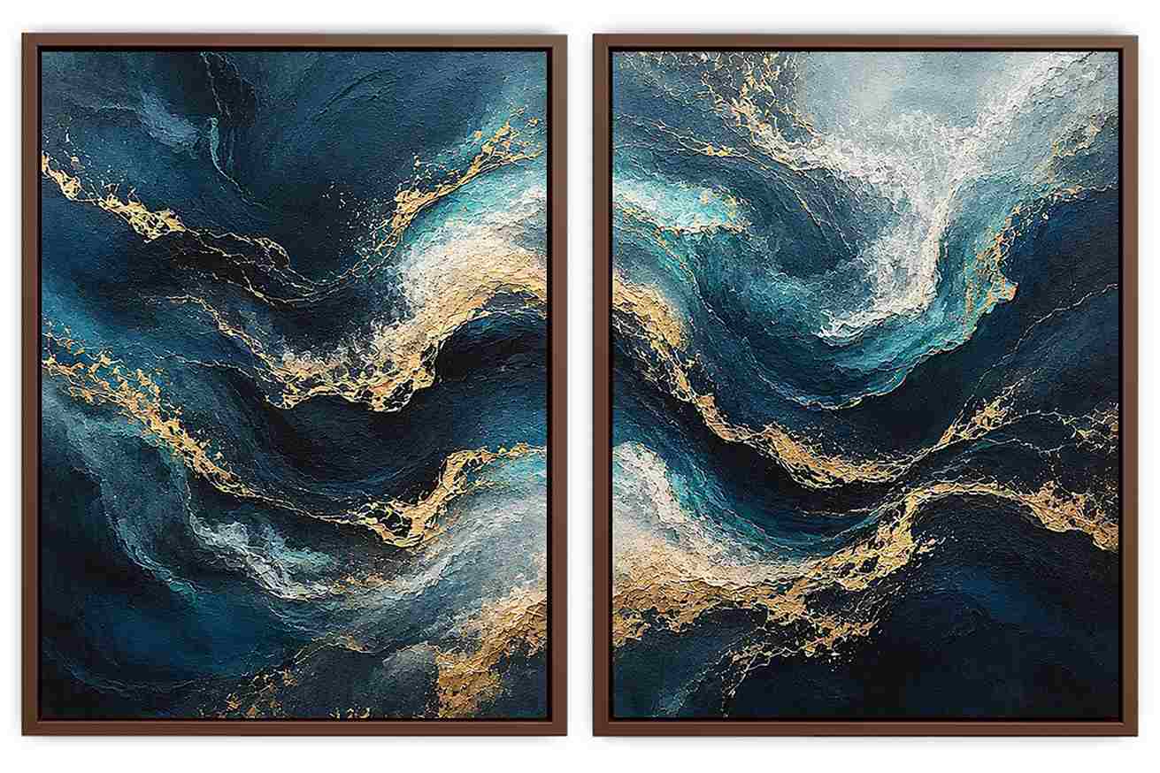 Abstract ocean wave diptych canvas art in navy, teal and gold for luxury living room decor.
