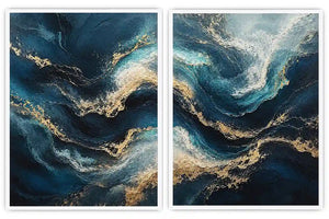 Abstract ocean wave diptych canvas art in navy, teal and gold for luxury living room decor.