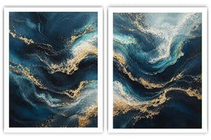 Abstract ocean wave diptych canvas art in navy, teal and gold for luxury living room decor.