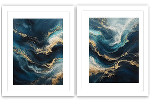 Abstract ocean wave diptych canvas art in navy, teal and gold for luxury living room decor.