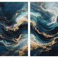 Abstract ocean wave diptych canvas art in navy, teal and gold for luxury living room decor.