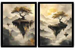 Dreamy floating island landscape canvas art with golden trees for luxury living room decor.
