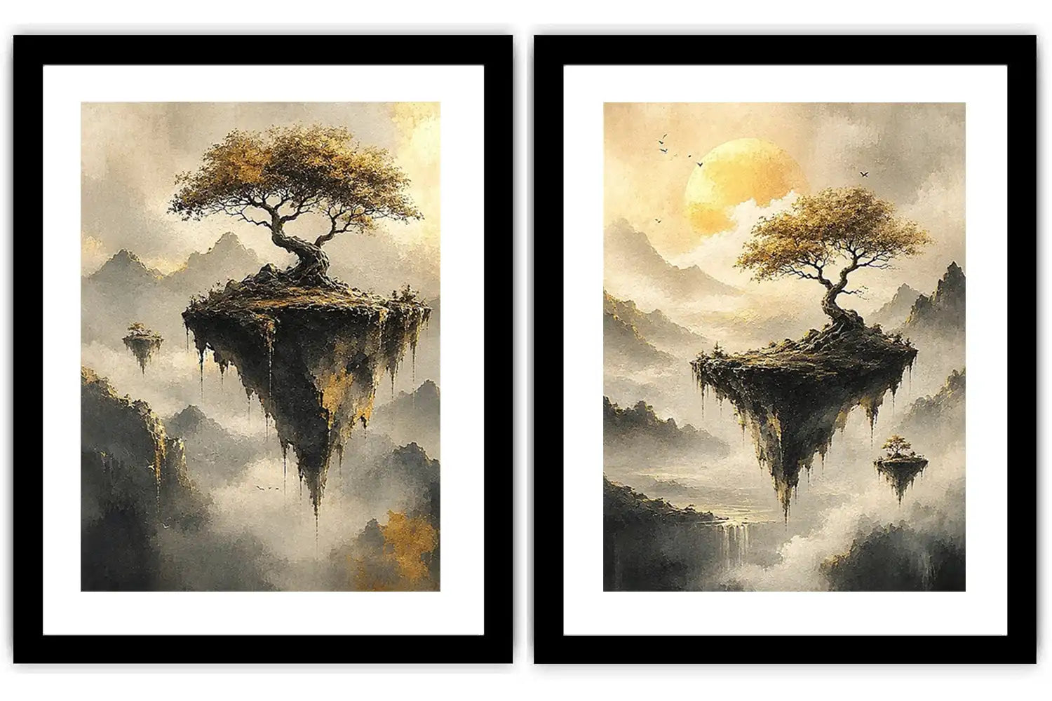Dreamy floating island landscape canvas art with golden trees for luxury living room decor.