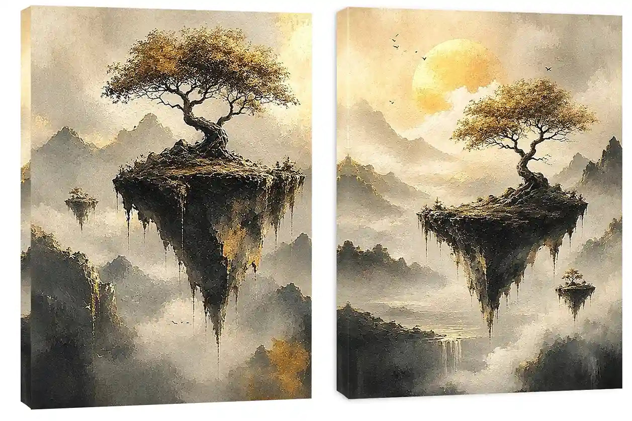 Dreamy floating island landscape canvas art with golden trees for luxury living room decor.