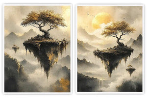 Dreamy floating island landscape canvas art with golden trees for luxury living room decor.
