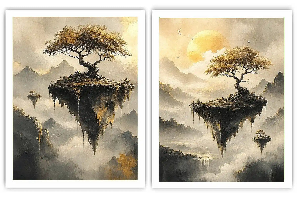 Dreamy floating island landscape canvas art with golden trees for luxury living room decor.