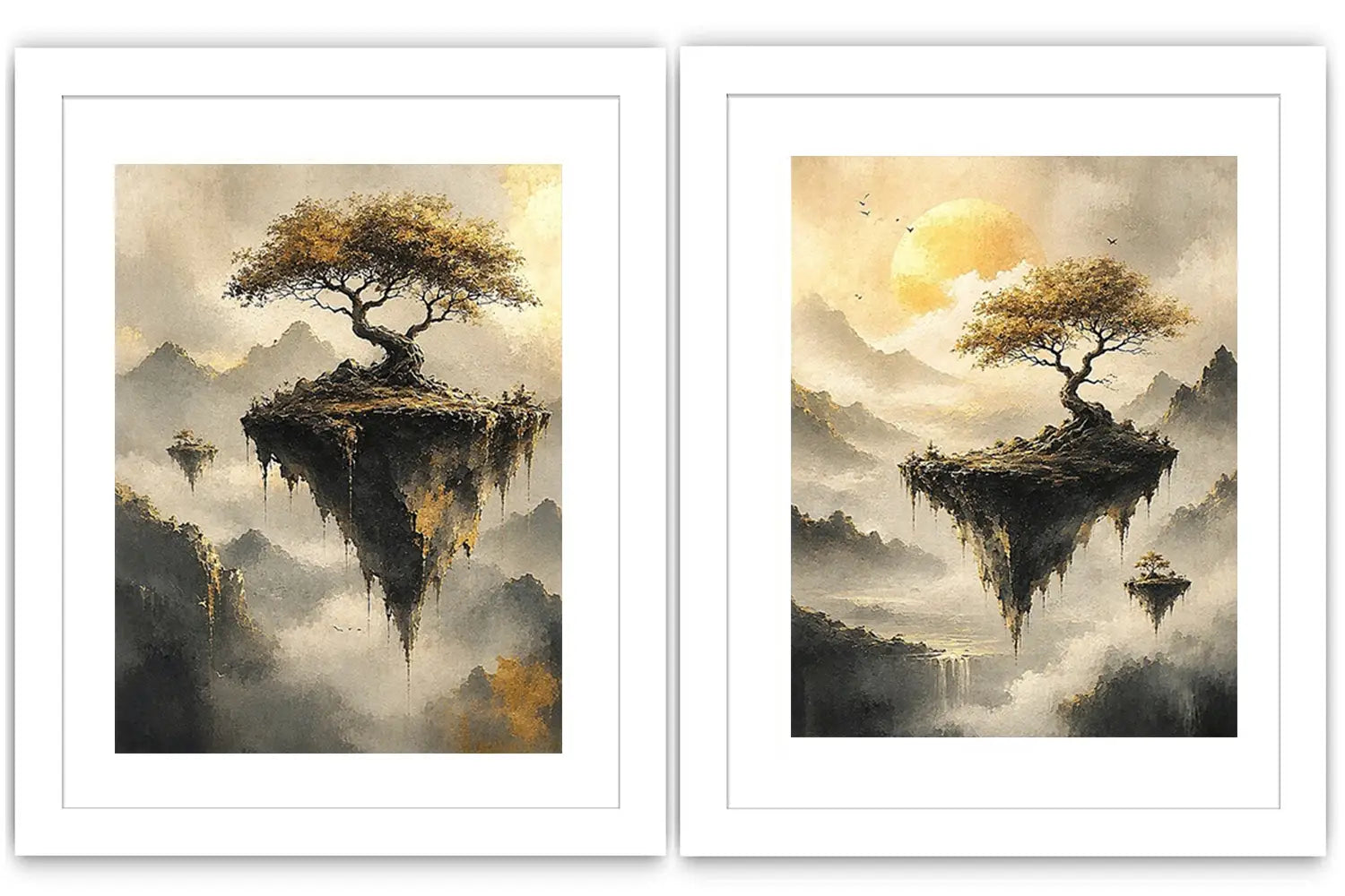 Dreamy floating island landscape canvas art with golden trees for luxury living room decor.