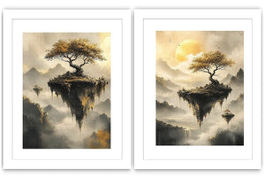 Dreamy floating island landscape canvas art with golden trees for luxury living room decor.