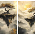 Dreamy floating island landscape canvas art with golden trees for luxury living room decor.