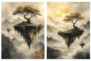 Dreamy floating island landscape canvas art with golden trees for luxury living room decor.