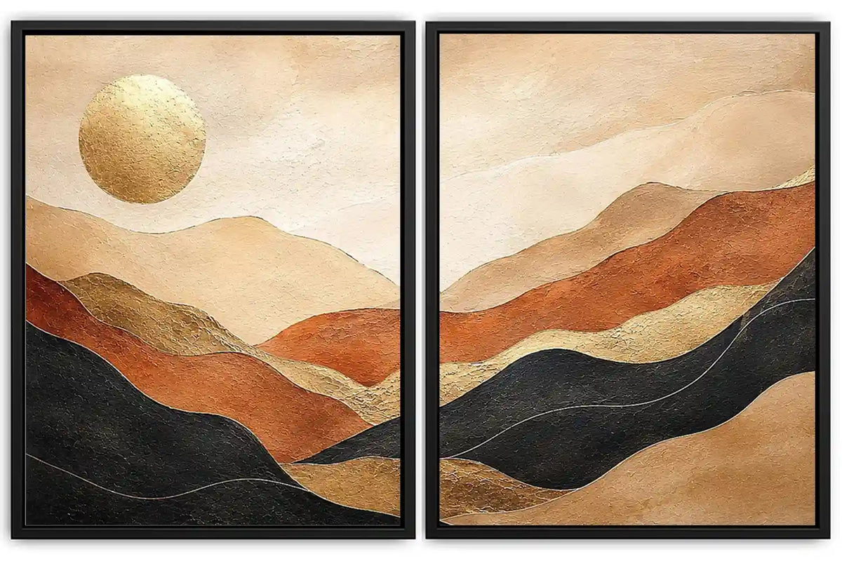 Warm desert landscape diptych canvas art with golden sun for modern living room decor.