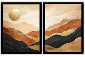 Warm desert landscape diptych canvas art with golden sun for modern living room decor.