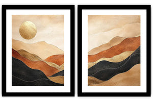 Warm desert landscape diptych canvas art with golden sun for modern living room decor.