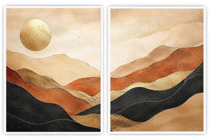Warm desert landscape diptych canvas art with golden sun for modern living room decor.