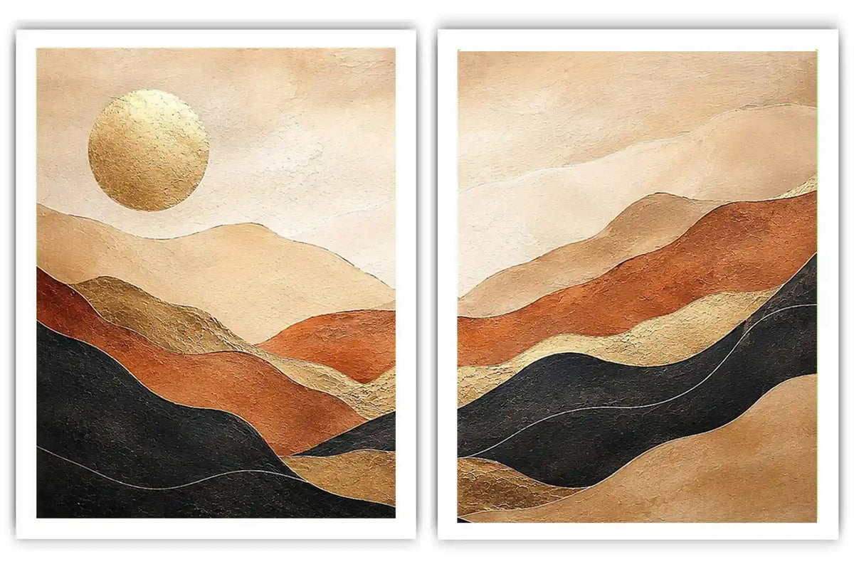 Warm desert landscape diptych canvas art with golden sun for modern living room decor.