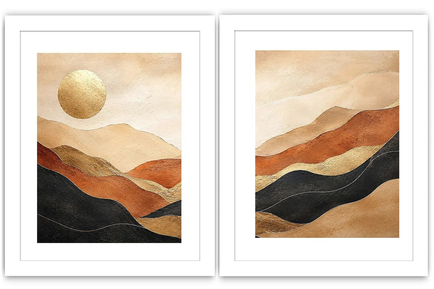 Warm desert landscape diptych canvas art with golden sun for modern living room decor.