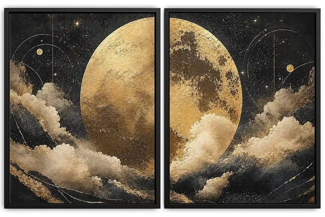 Celestial moon and cloud diptych canvas art in black and gold for luxury living room decor.