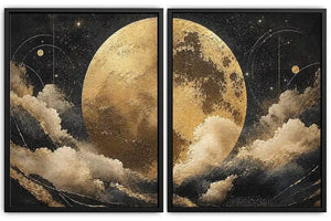 Celestial moon and cloud diptych canvas art in black and gold for luxury living room decor.
