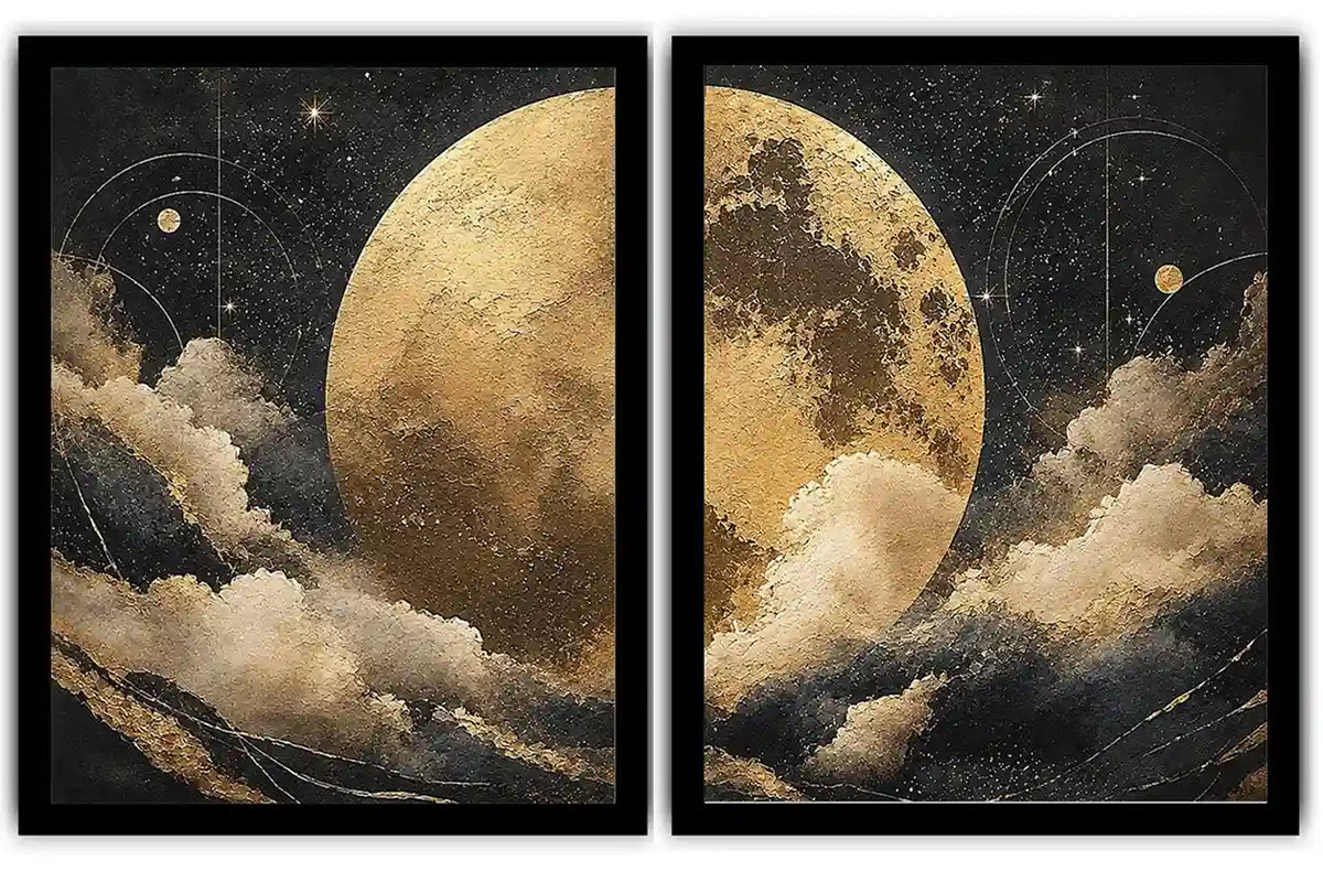 Celestial moon and cloud diptych canvas art in black and gold for luxury living room decor.