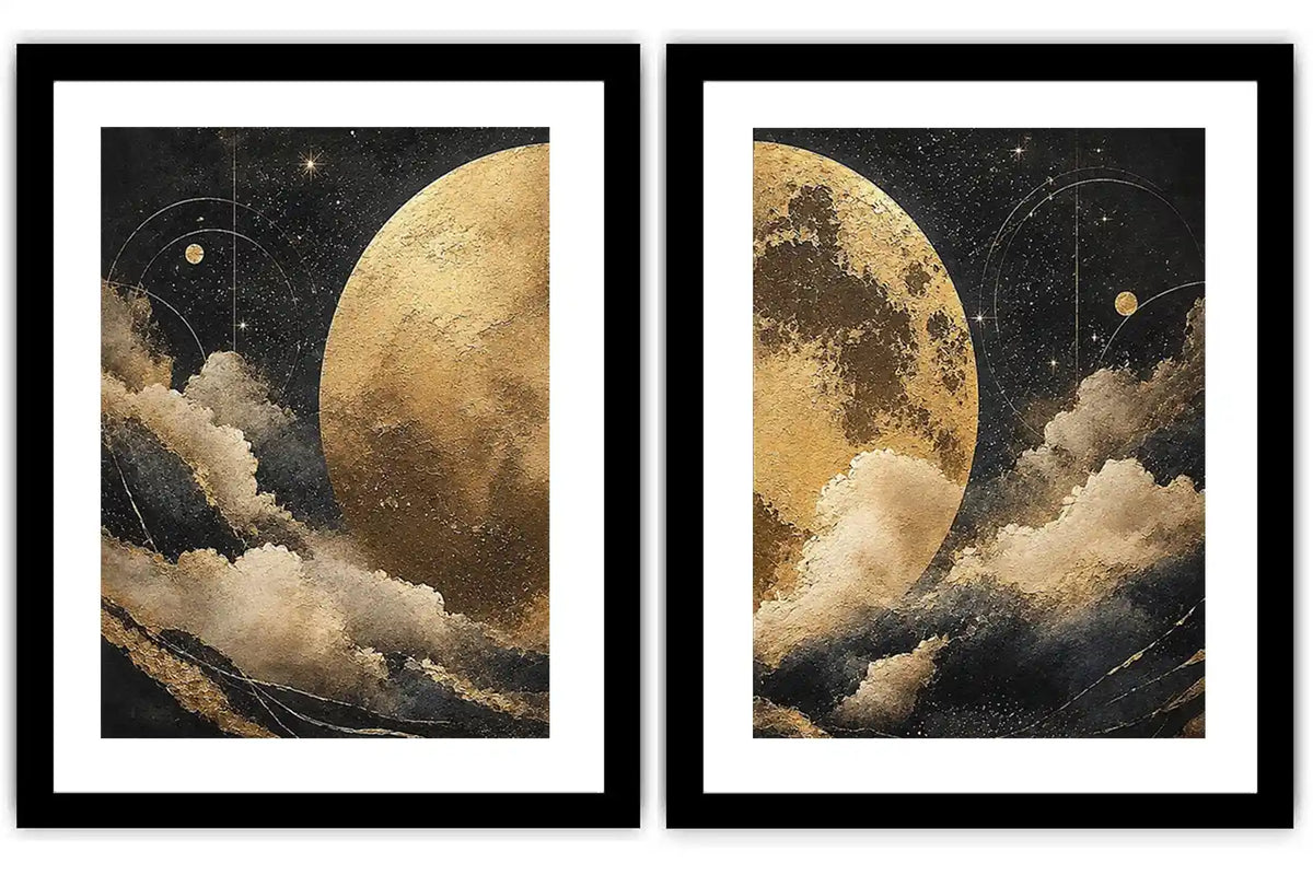 Celestial moon and cloud diptych canvas art in black and gold for luxury living room decor.