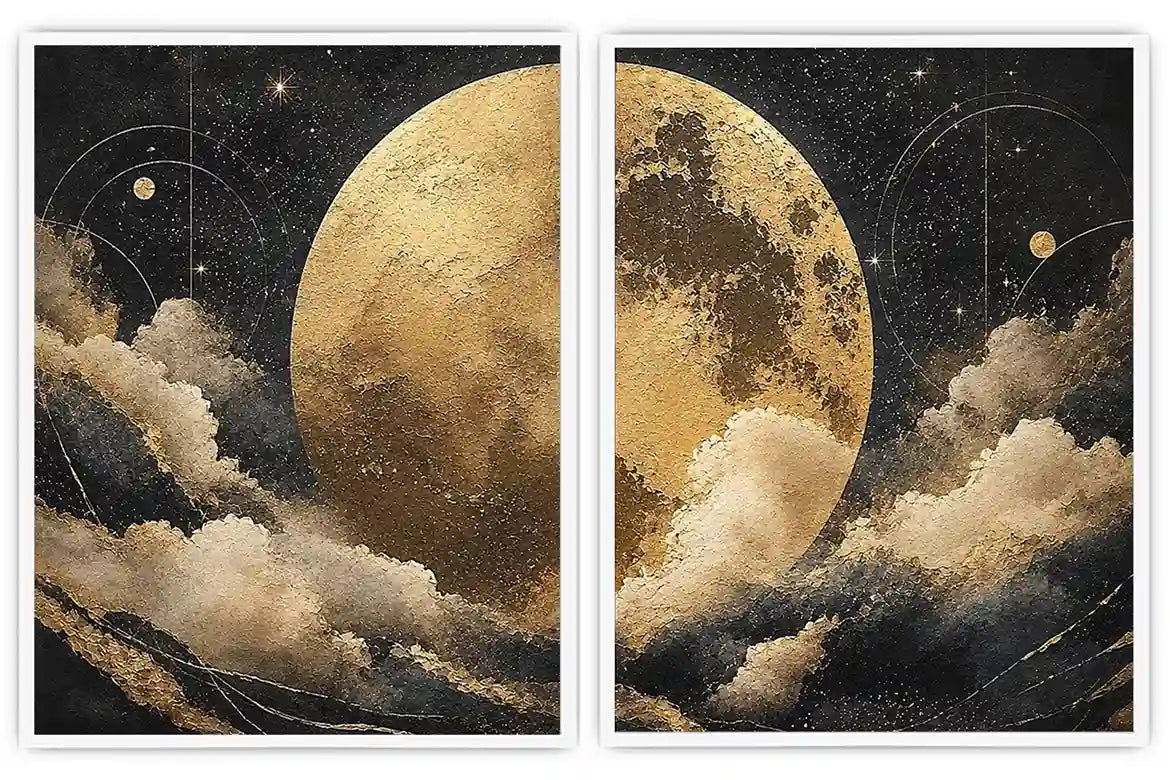 Celestial moon and cloud diptych canvas art in black and gold for luxury living room decor.