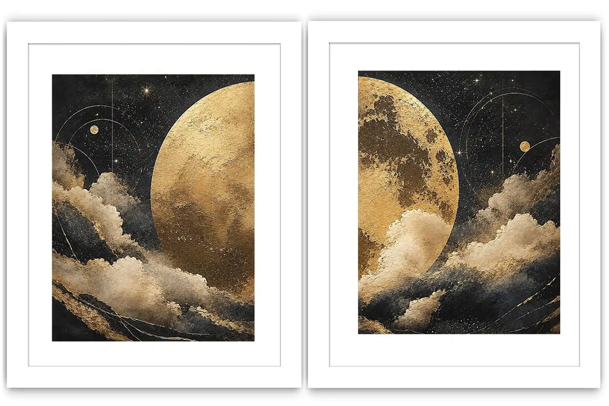 Celestial moon and cloud diptych canvas art in black and gold for luxury living room decor.