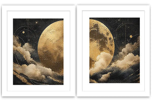 Celestial moon and cloud diptych canvas art in black and gold for luxury living room decor.