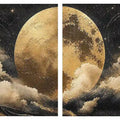 Celestial moon and cloud diptych canvas art in black and gold for luxury living room decor.
